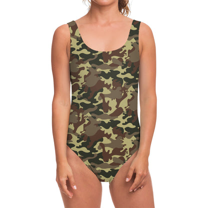Brown Camouflage Print One Piece Swimsuit