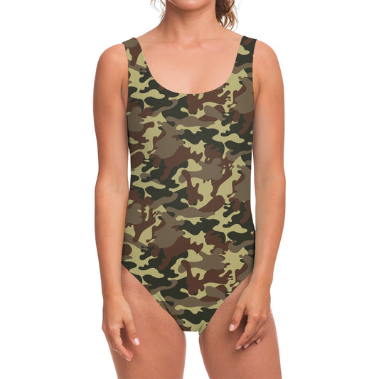 Brown Camouflage Print One Piece Swimsuit