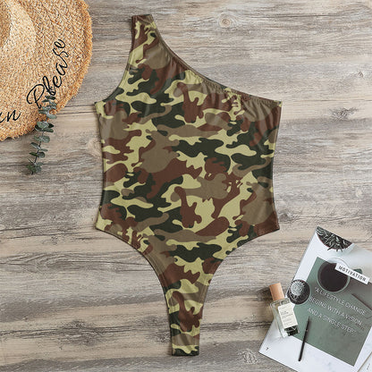 Brown Camouflage Print One Shoulder Bodysuit