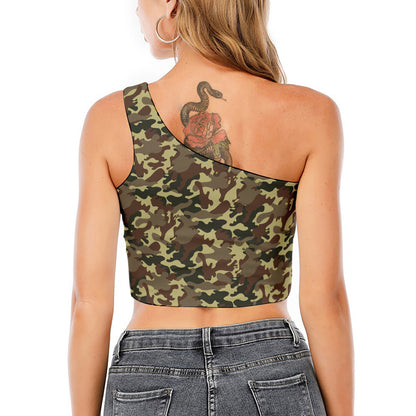 Brown Camouflage Print One Shoulder Crop Top