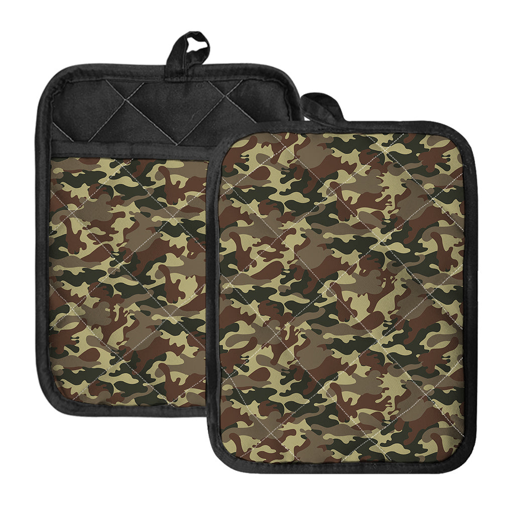 Brown Camouflage Print Pot Holders With Pocket