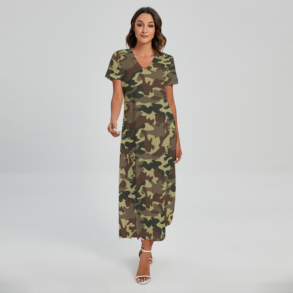 Brown Camouflage Print Short Sleeve Maxi Dress