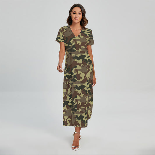 Brown Camouflage Print Short Sleeve Maxi Dress