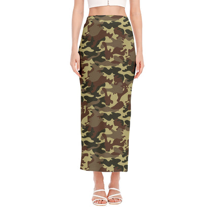 Brown Camouflage Print Side Slit Maxi Skirt