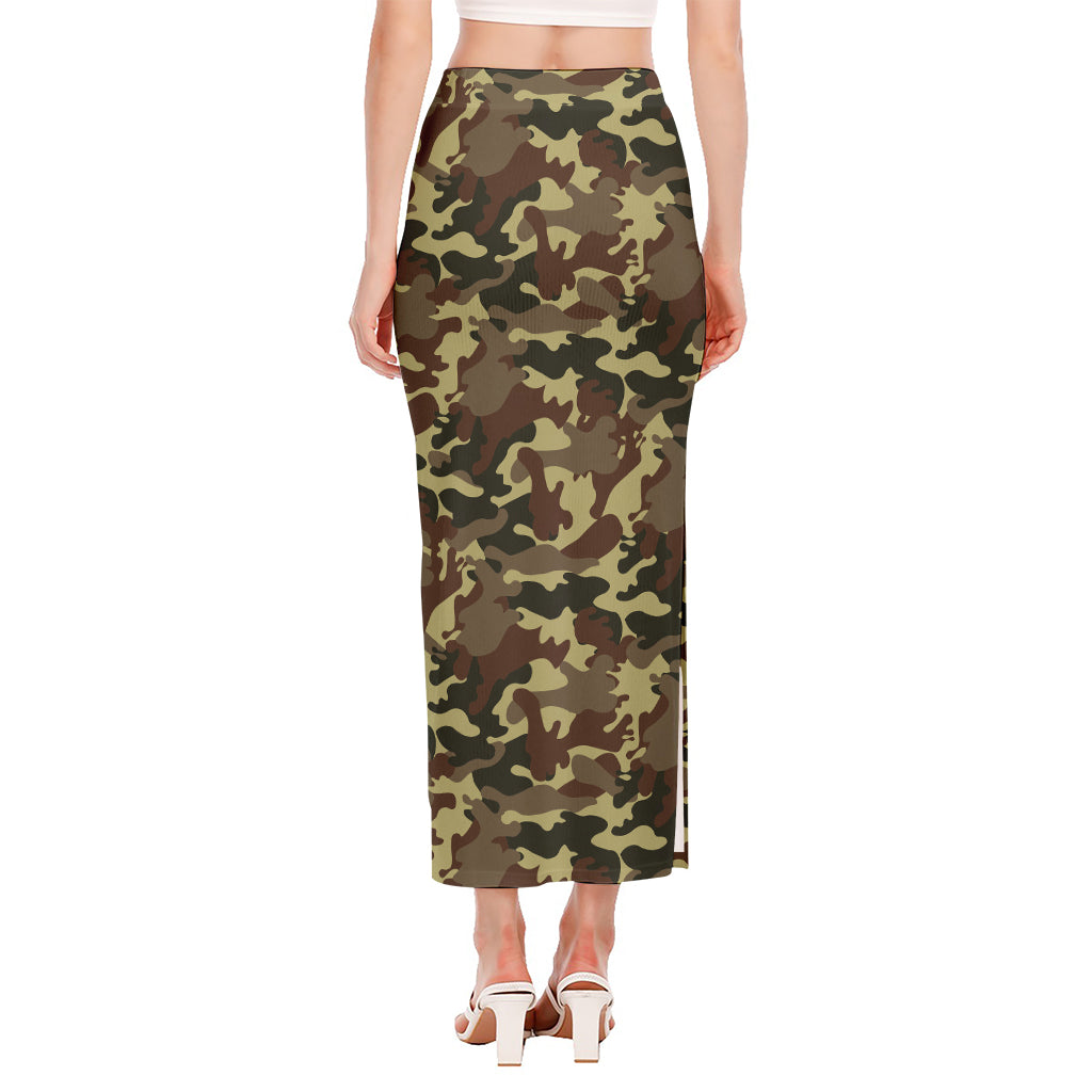 Brown Camouflage Print Side Slit Maxi Skirt