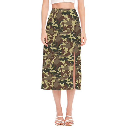 Brown Camouflage Print Side Slit Midi Skirt