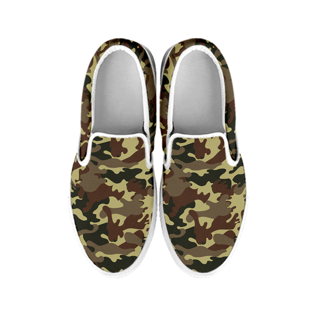 Brown Camouflage Print White Slip On Sneakers