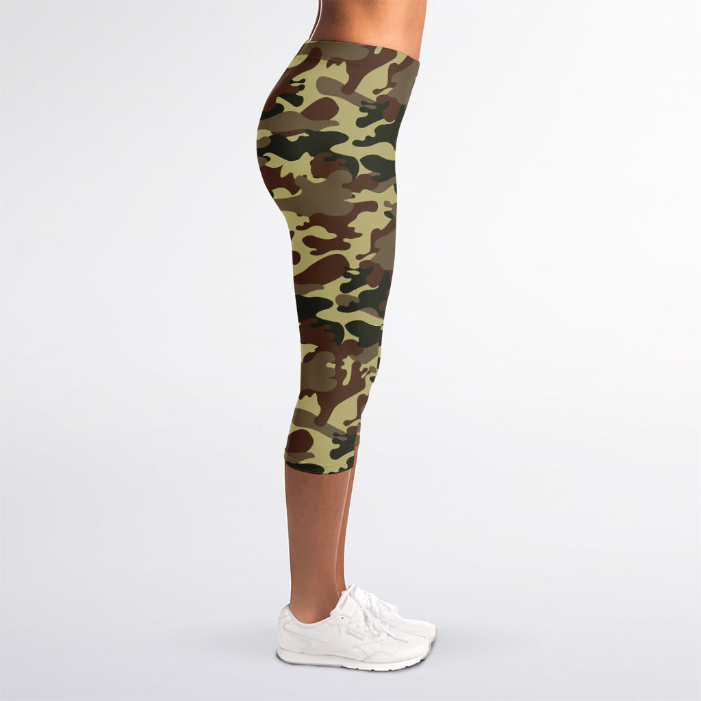 Brown Camouflage Print Women's Capri Leggings