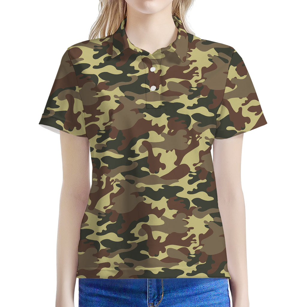 Brown Camouflage Print Women's Polo Shirt
