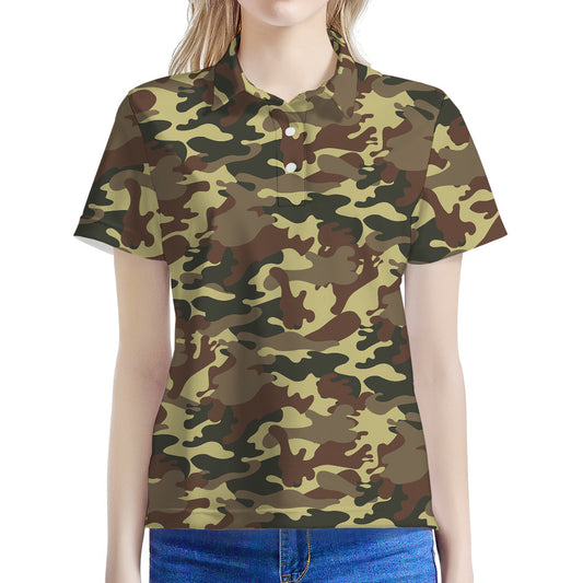Brown Camouflage Print Women's Polo Shirt
