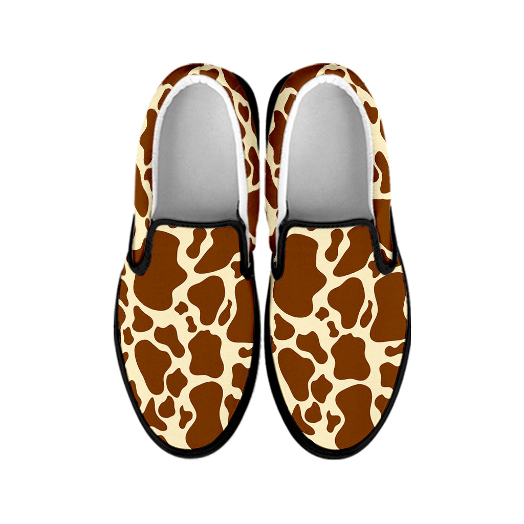 Brown Cow Print Black Slip On Sneakers