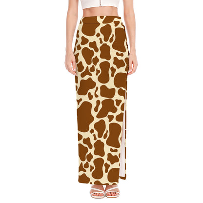 Brown Cow Print High Slit Maxi Skirt