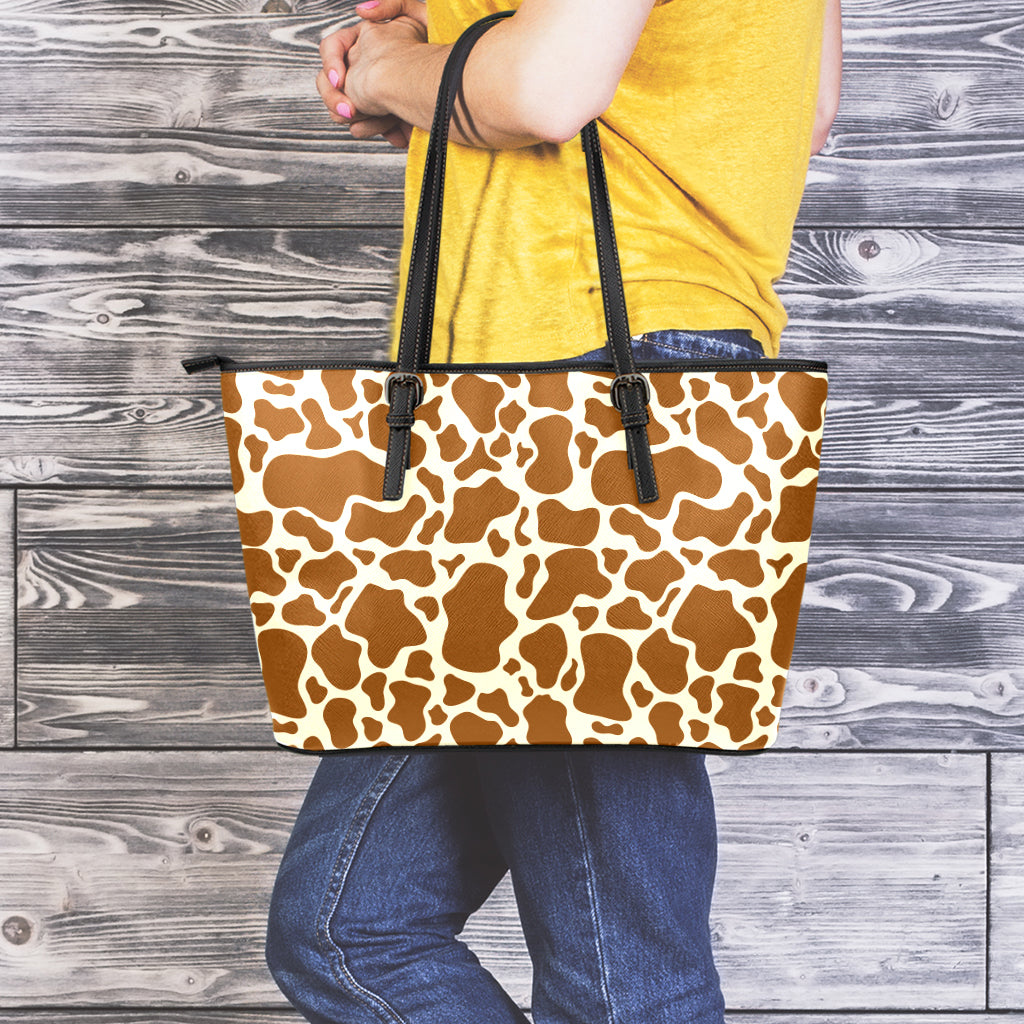 Brown Cow Print Leather Tote Bag