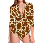 Brown Cow Print Long Sleeve Swimsuit