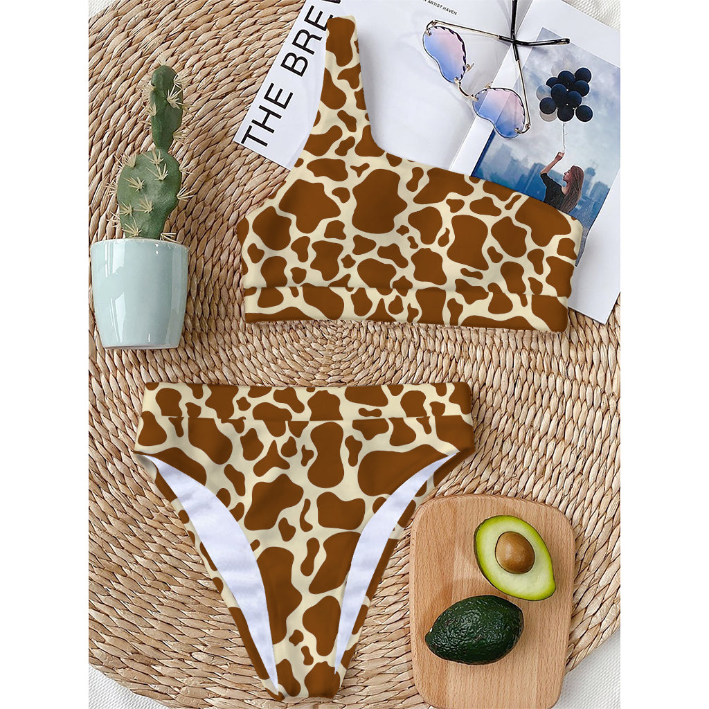 Brown Cow Print One Shoulder Bikini Top