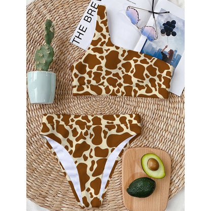 Brown Cow Print One Shoulder Bikini Top
