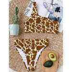 Brown Cow Print One Shoulder Bikini Top
