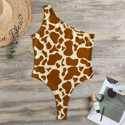 Brown Cow Print One Shoulder Bodysuit