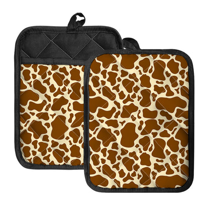 Brown Cow Print Pot Holders With Pocket