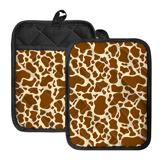 Brown Cow Print Pot Holders With Pocket