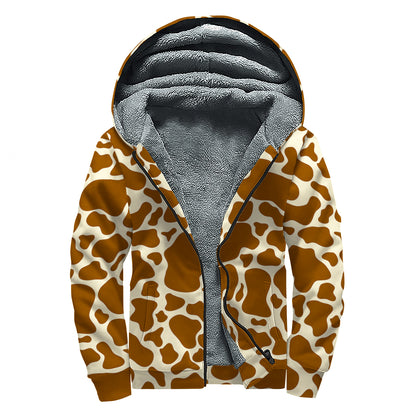 Brown Cow Print Sherpa Lined Zip Up Hoodie