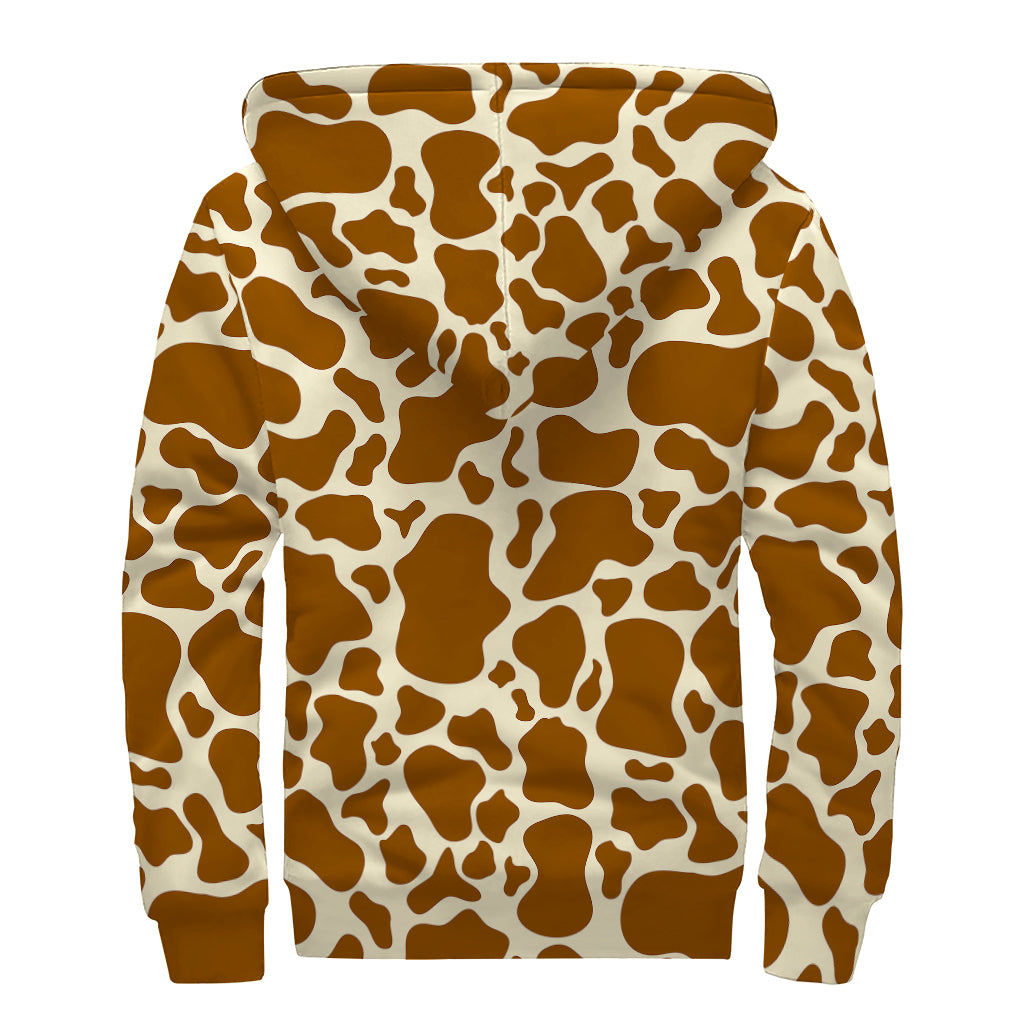 Brown Cow Print Sherpa Lined Zip Up Hoodie