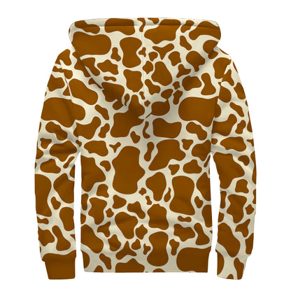 Brown Cow Print Sherpa Lined Zip Up Hoodie
