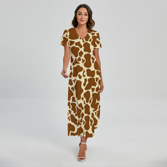 Brown Cow Print Short Sleeve Maxi Dress