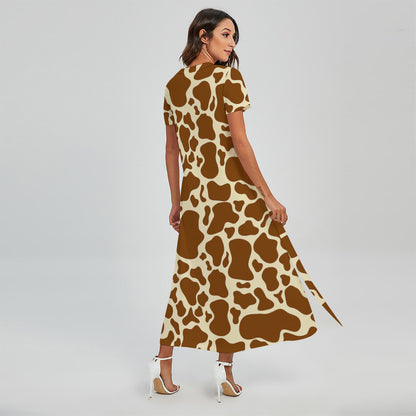 Brown Cow Print Short Sleeve Maxi Dress