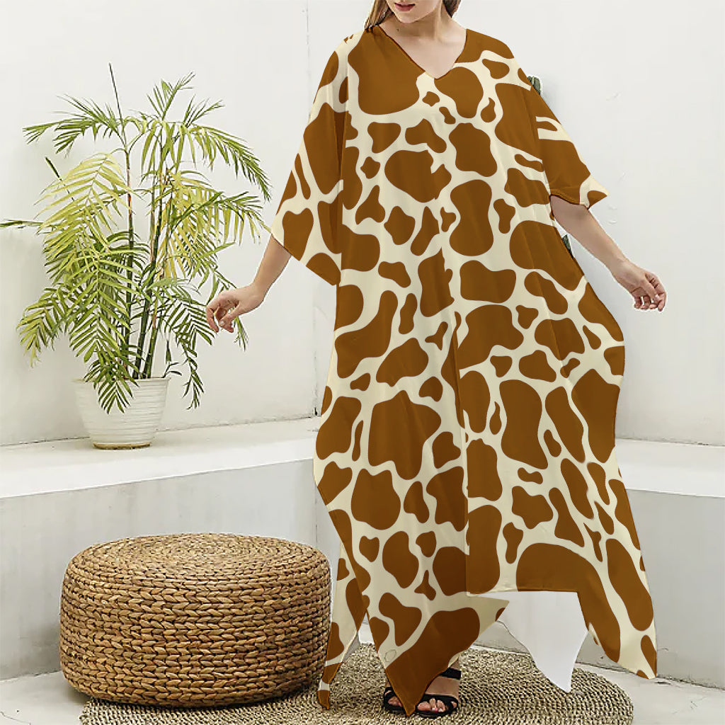 Brown Cow Print Silk V-Neck Kaftan Dress
