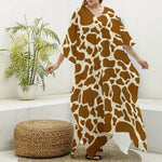 Brown Cow Print Silk V-Neck Kaftan Dress