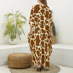 Brown Cow Print Silk V-Neck Kaftan Dress
