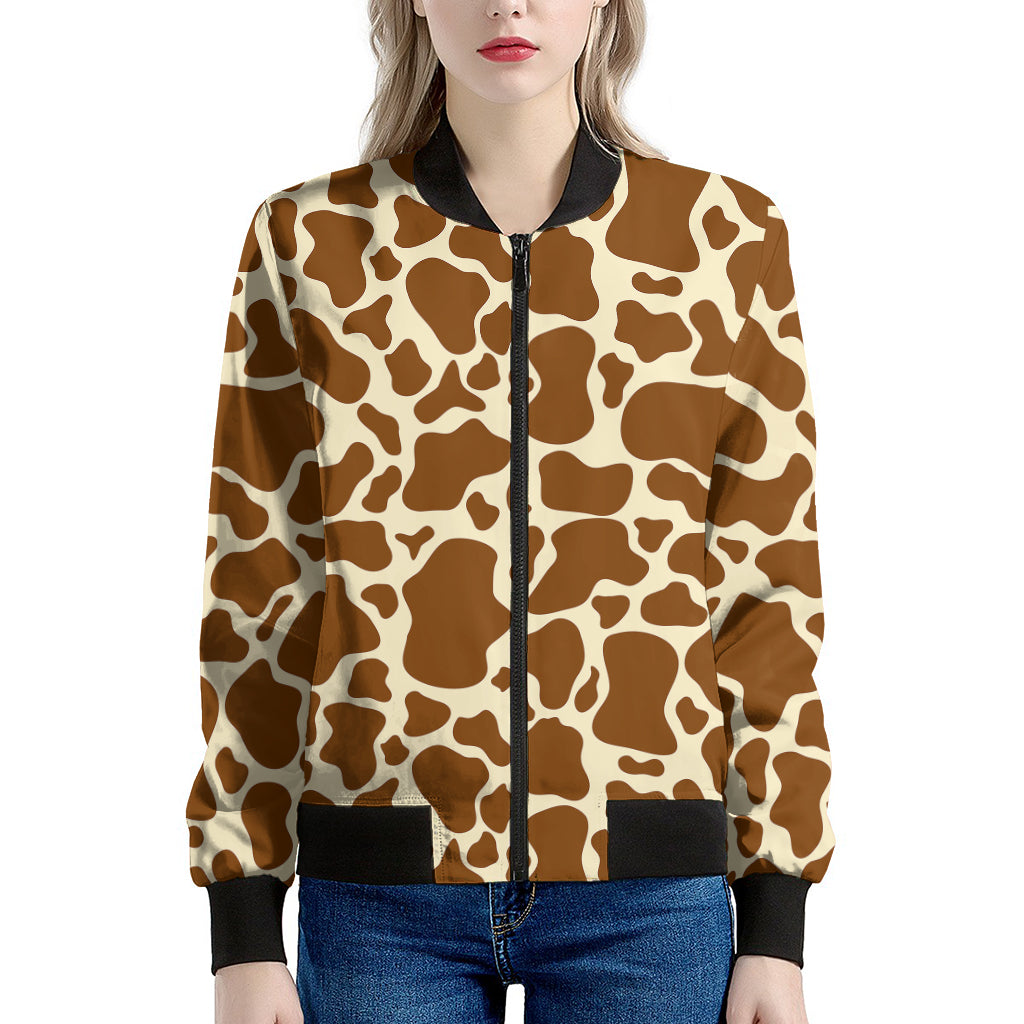 Brown Cow Print Women's Bomber Jacket