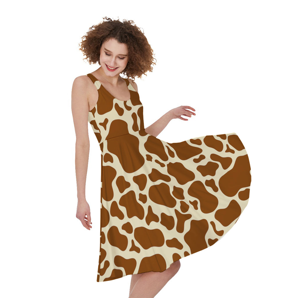 Brown Cow Print Women's Sleeveless Dress