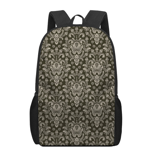 Brown Damask Pattern Print 17 Inch Backpack