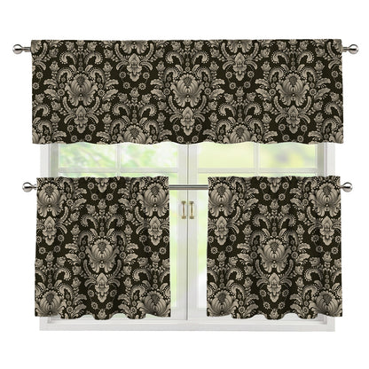 Brown Damask Pattern Print 3 Piece Kitchen Curtains