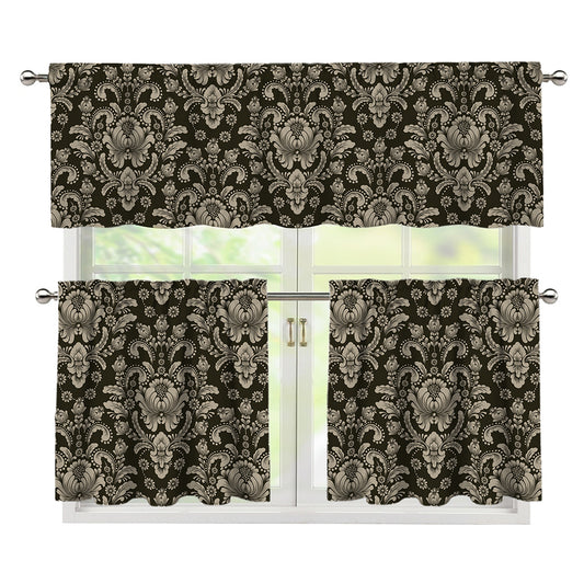 Brown Damask Pattern Print 3 Piece Kitchen Curtains