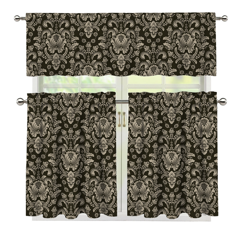 Brown Damask Pattern Print 3 Piece Kitchen Curtains