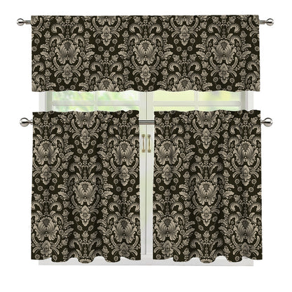 Brown Damask Pattern Print 3 Piece Kitchen Curtains