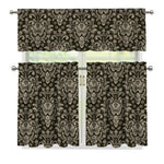 Brown Damask Pattern Print 3 Piece Kitchen Curtains