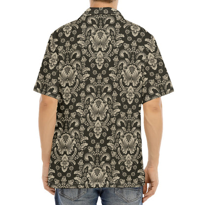 Brown Damask Pattern Print Aloha Shirt