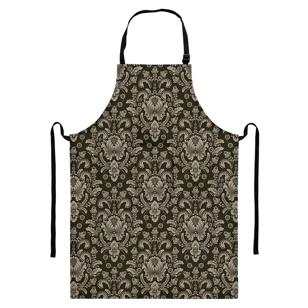 Brown Damask Pattern Print Bib Apron With Pocket