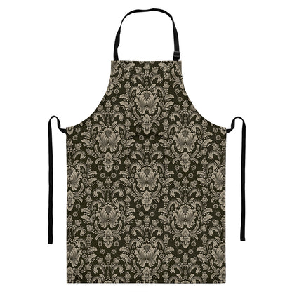 Brown Damask Pattern Print Bib Apron With Pocket