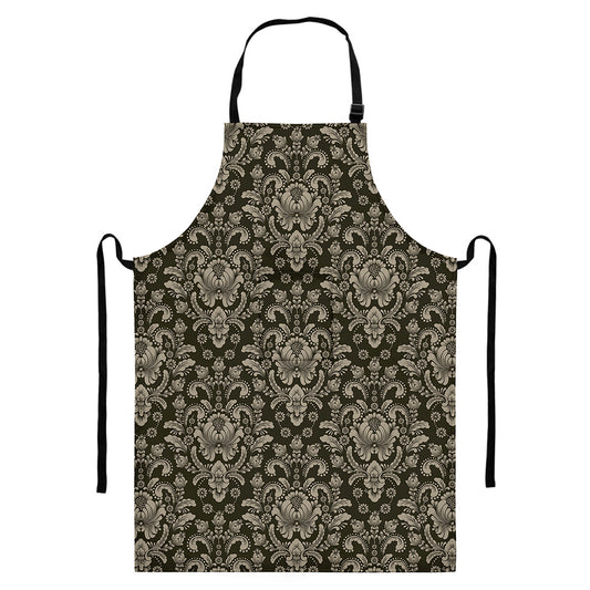 Brown Damask Pattern Print Bib Apron With Pocket