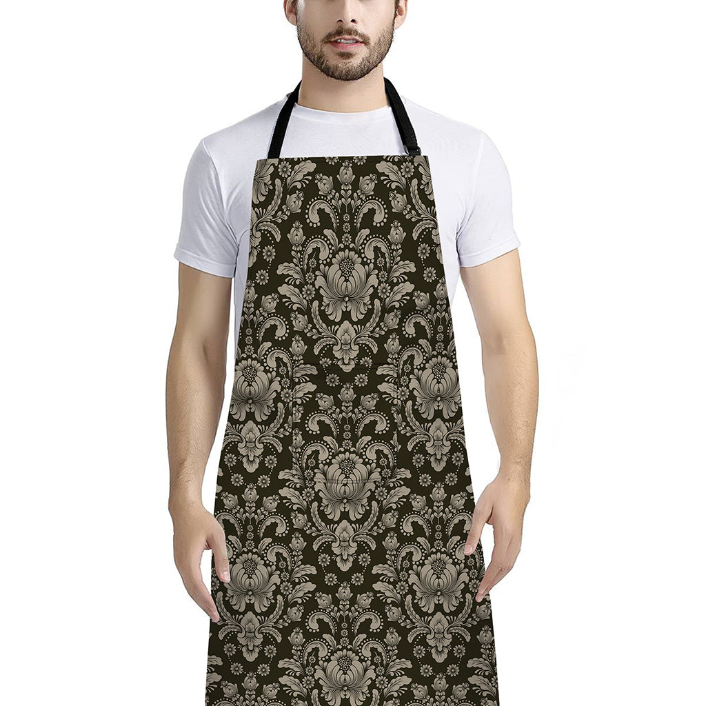 Brown Damask Pattern Print Bib Apron With Pocket