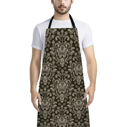 Brown Damask Pattern Print Bib Apron With Pocket