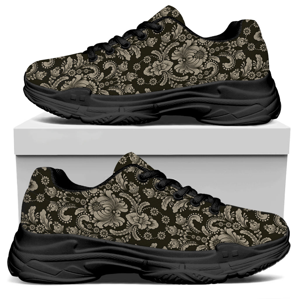 Brown Damask Pattern Print Black Chunky Shoes