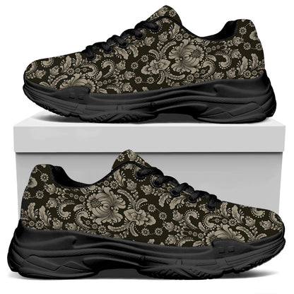 Brown Damask Pattern Print Black Chunky Shoes
