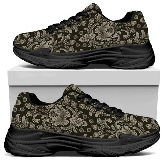 Brown Damask Pattern Print Black Chunky Shoes