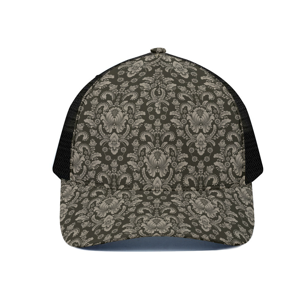 Brown Damask Pattern Print Black Mesh Trucker Cap